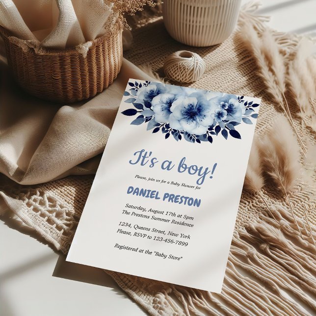 Invitación Baby Shower de agua de flores azules y suaves (Gentle Light Blue Flower Watercolor Baby Shower Invitation)