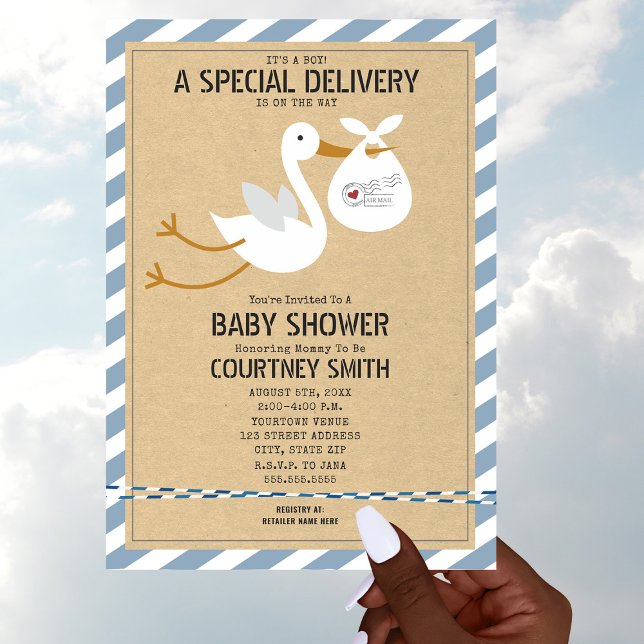 Invitación Baby Shower de Air Mail Special Delivery Stork Boy (Subido por el creador)