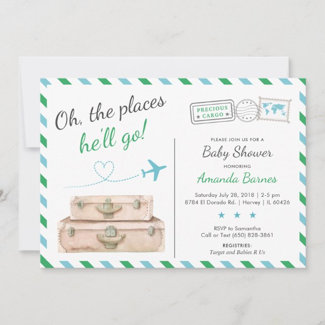 Invitación Baby Shower de Airplane Airline Green Blue Travel  (Anverso)
