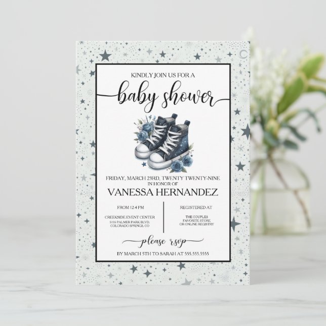 Invitación Baby Shower de alta velocidad para bebé azul de la (Anverso de pie)