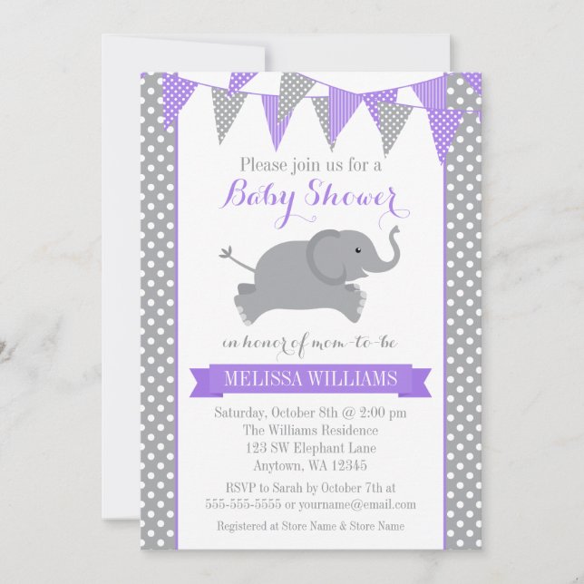 Invitación Baby Shower de amarre de elefante gris morado (Anverso)