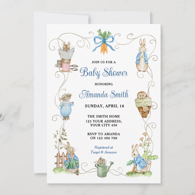 Invitación Baby Shower de amigos de Peter Rabbit (Anverso)