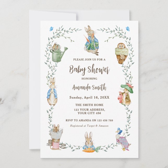 Invitación Baby Shower de amigos de Peter Rabbit (Anverso)