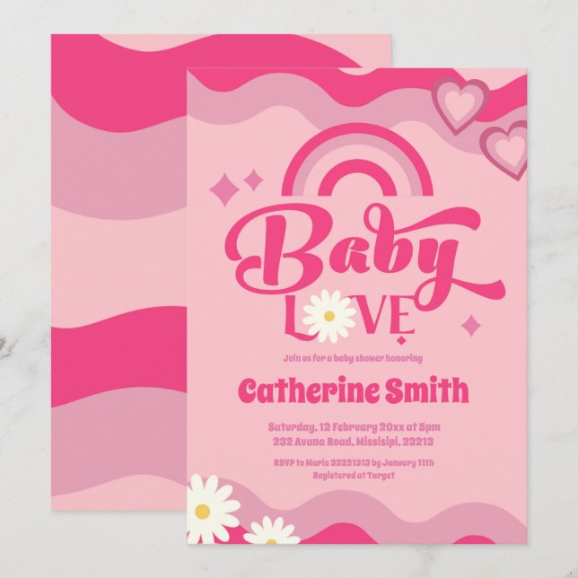 Invitación Baby Shower de amor al bebé retro (Anverso / Reverso)