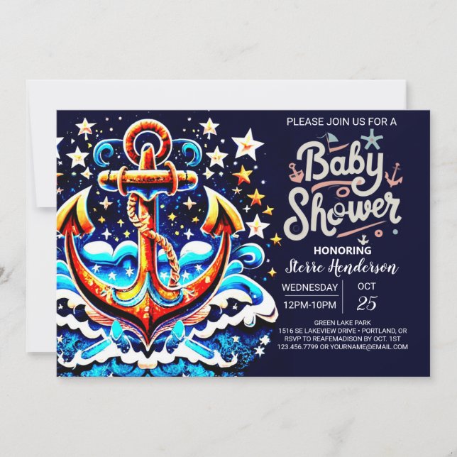 Invitación Baby Shower de ancla azul de niño náutico (Anverso)