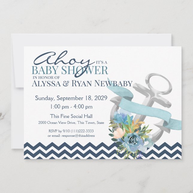 Invitación Baby Shower de ancla floral nautical (Anverso)