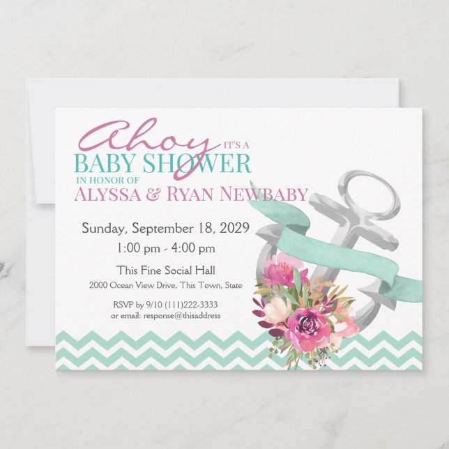 Invitación Baby Shower de ancla floral nautical (Anverso)