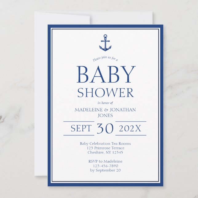 Invitación Baby Shower de anclaje azul nautico (Anverso)