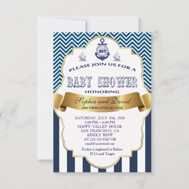 Invitación Baby Shower de anclaje de banda azul de cinta dora (Anverso)