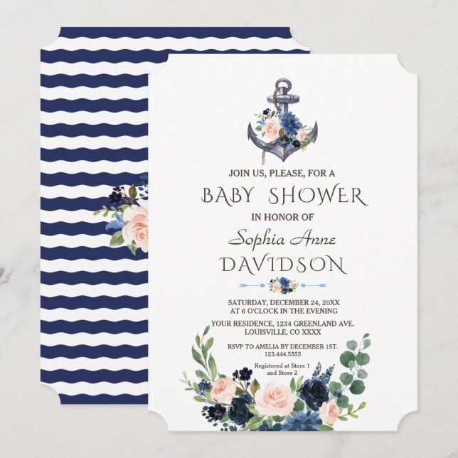 Invitación Baby Shower de anclaje floral azul Rubor rosa náut (Anverso / Reverso)