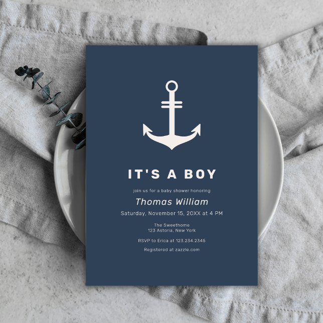 Invitación Baby Shower de anclaje naumático simple azul marin (Navy Blue Beige Simple Nautical Anchor Baby Shower Invitation)