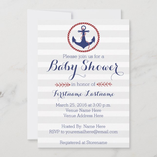 Invitación Baby Shower de anclaje nautico (Anverso)
