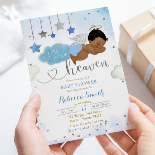 Invitación Baby Shower de Angel, un bebé africano azul y dora