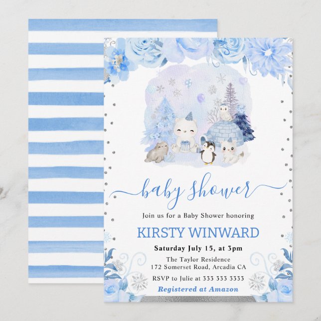Invitación Baby Shower de animales acuarollares del Ártico (Anverso / Reverso)
