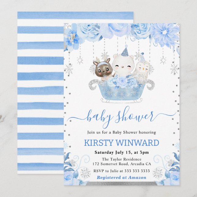 Invitación Baby Shower de animales acuarollares del Ártico (Anverso / Reverso)