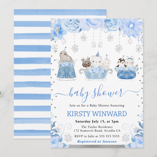 Invitación Baby Shower de animales acuarollares del Ártico (Anverso / Reverso)