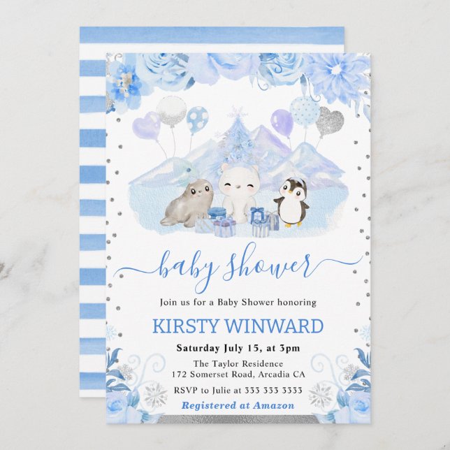 Invitación Baby Shower de animales acuarollares del Ártico (Anverso / Reverso)