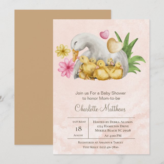 Invitación Baby Shower de animales acuáticos Mama y Baby Duck (Anverso / Reverso)