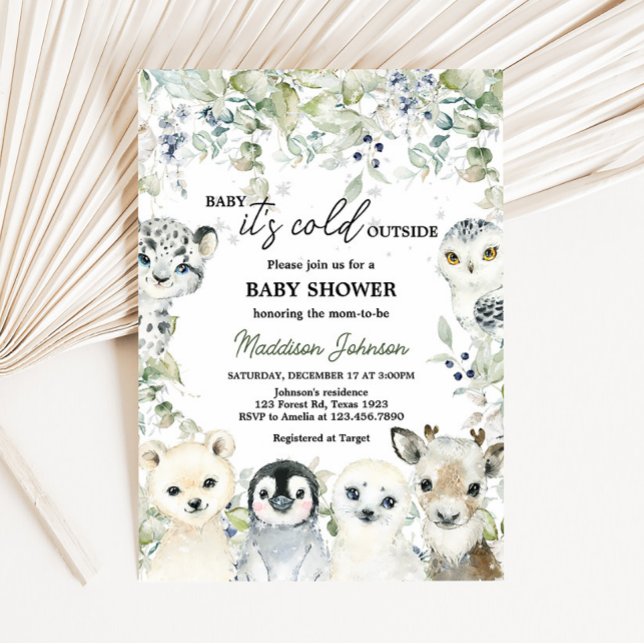 Invitación Baby Shower de Animales Árticos de Invierno (Greenery Artic Animals Baby Shower Invitation)