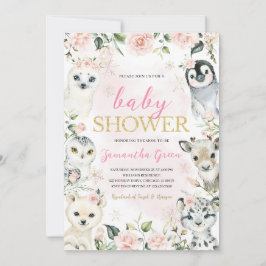 Invitación Baby Shower de Animales Árticos de Invierno Rosa