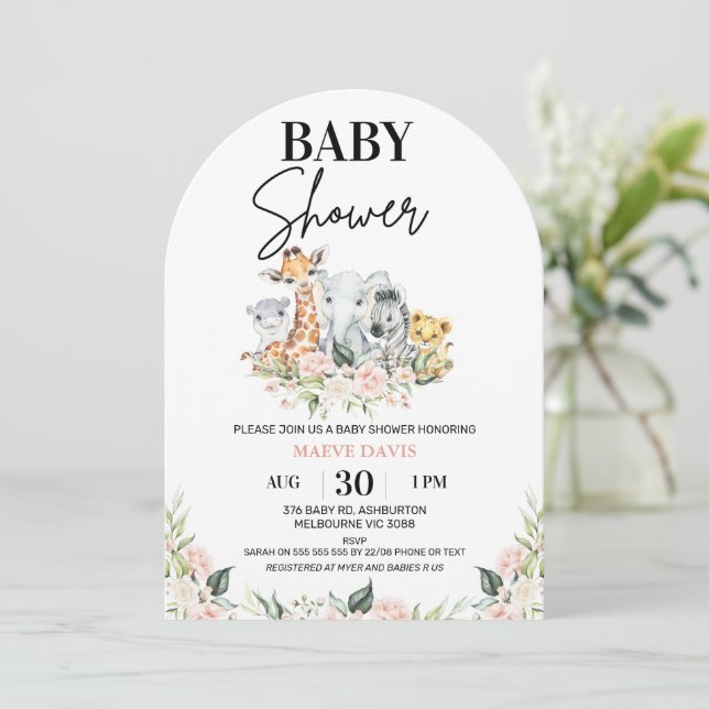 Invitación Baby Shower de animales azúcares florales rosados  (Anverso de pie)