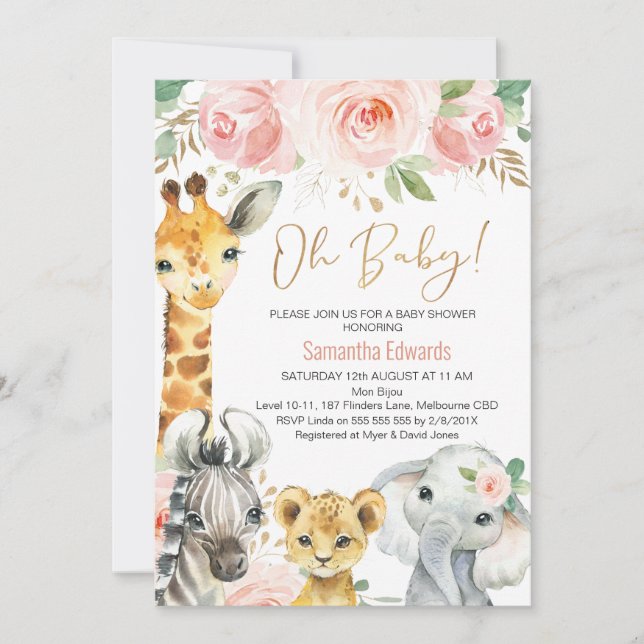 Invitación Baby Shower de animales azulados con flores de oro (Anverso)