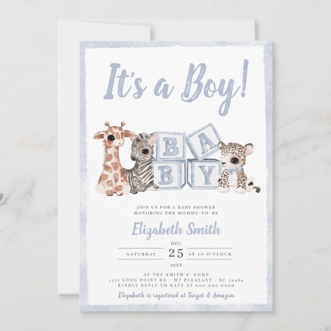 Invitación Baby Shower de animales azulados de rayas azules (Anverso)