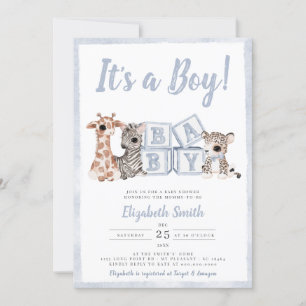 Invitación Baby Shower de animales azulados de rayas azules