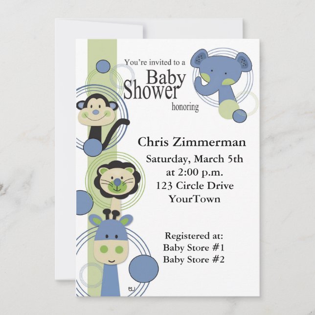 Invitación Baby Shower de animales azules y verdes para chico (Anverso)