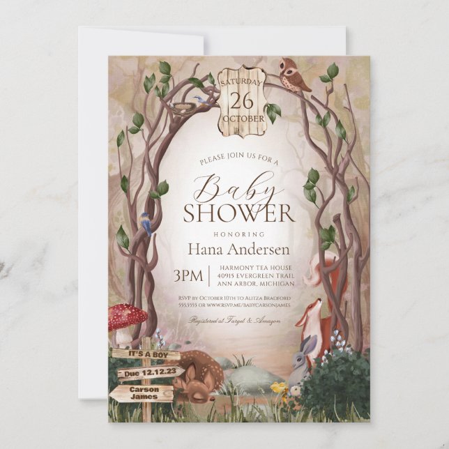 Invitación Baby Shower de animales boscosos encantados (Anverso)