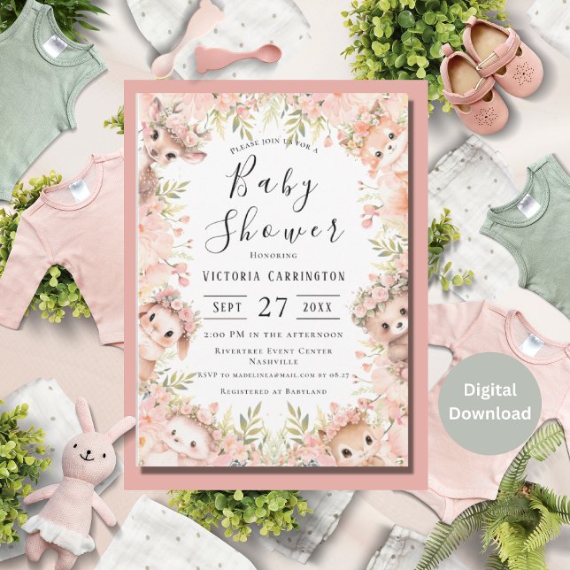 Invitación Baby Shower de animales de acuarela floral rosa (Subido por el creador)