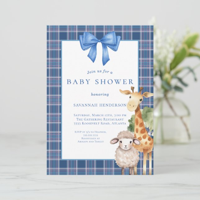 Invitación Baby Shower de animales de bosque de Blue Bow (Anverso de pie)