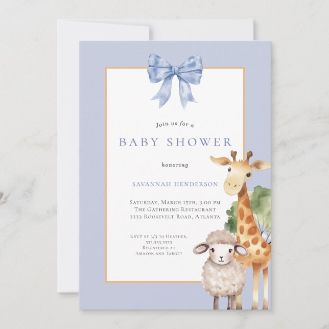 Invitación Baby Shower de animales de bosque de Blue Bow (Anverso)