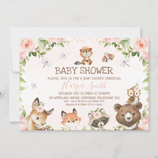 Invitación Baby Shower de animales de bosque de flores rosada (Anverso)