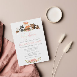 Invitación Baby Shower de animales de bosque de flores rosada