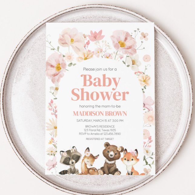 Invitación Baby Shower de animales de bosque de flores rosada (Pink Flower Woodland Animals Baby Shower Invitation)