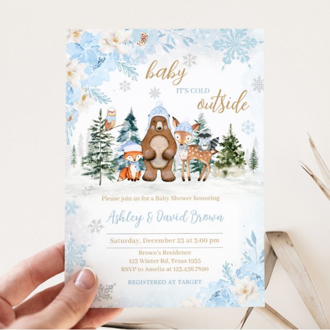 Invitación Baby Shower de animales de bosque de invierno azul (Blue Baby It's Cold Outside Baby Shower Invitation)