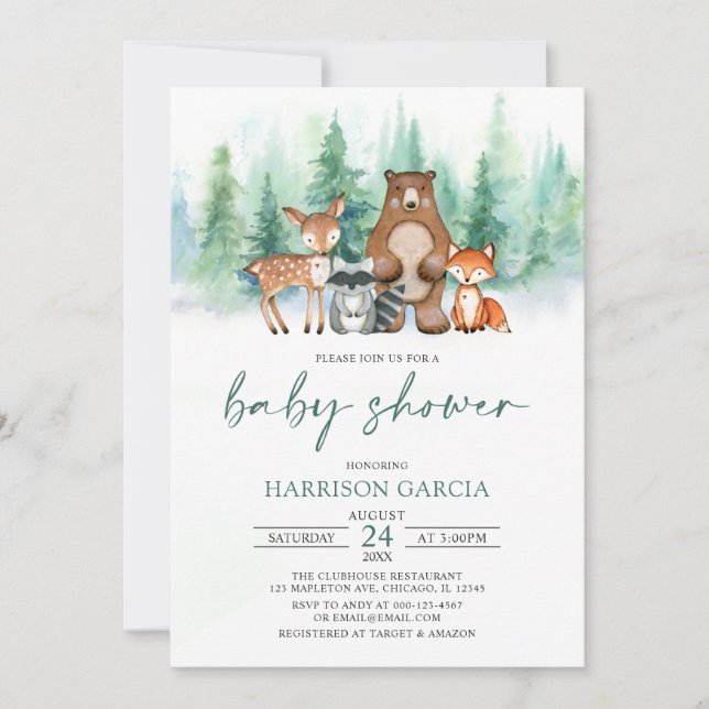 Invitación Baby Shower de animales de bosque de invierno de W (Anverso)
