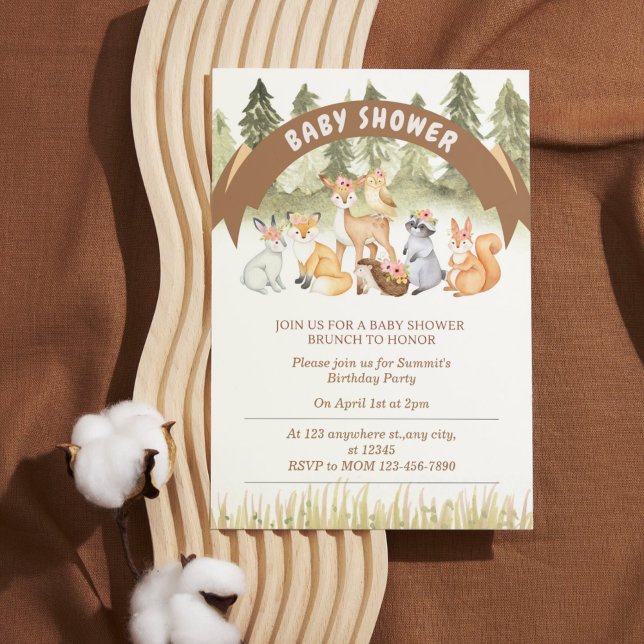 Invitación Baby Shower de animales de bosque marrón y verde (Brown and Green Woodland Animal Baby Shower Invitation)
