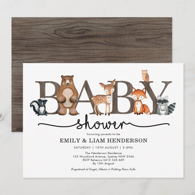 Invitación Baby Shower de animales de bosque tropical (Anverso / Reverso)