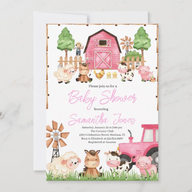 Invitación Baby Shower de animales de granja rosa (Anverso)