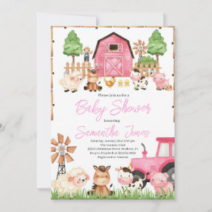 Invitación Baby Shower de animales de granja rosa