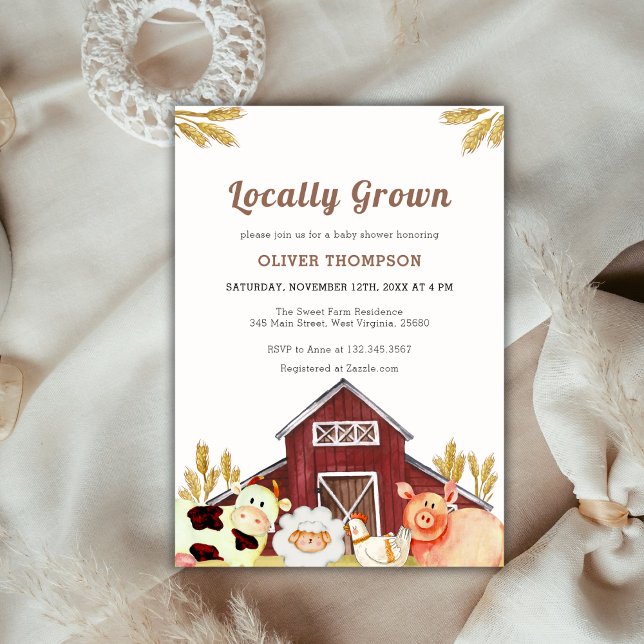 Invitación Baby Shower de animales de granja rústicos de cose (Rustic Locally Grown Farm Animals Baby Shower Invitation)