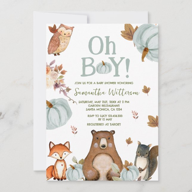 Invitación Baby Shower de animales de la calabaza de Woodland (Anverso)