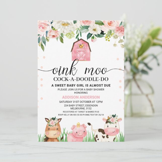 Invitación Baby Shower de animales de la granja lechera con f (Anverso de pie)