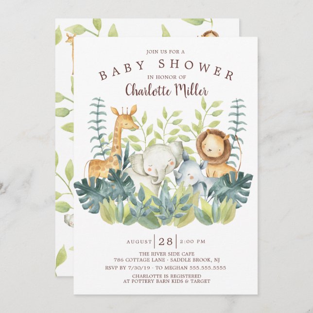 Invitación Baby Shower de animales de la jungla (Anverso / Reverso)