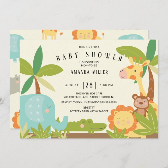 Invitación Baby Shower de animales de la jungla (Anverso / Reverso)