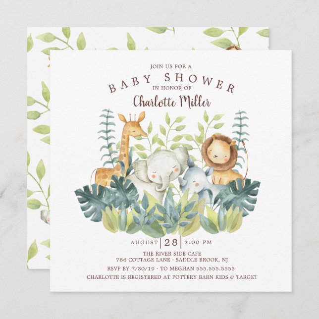 Invitación Baby Shower de animales de la jungla (Anverso / Reverso)