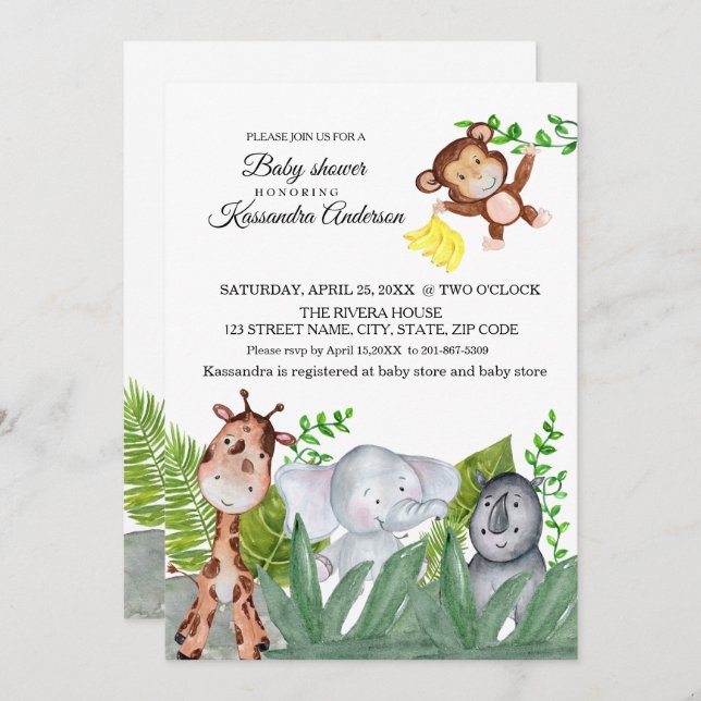Invitación Baby Shower de animales de la jungla (Anverso / Reverso)