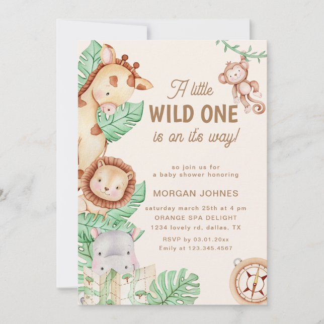 Invitación Baby Shower de animales de la jungla (Anverso)
